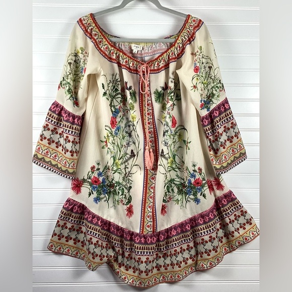 Umgee Border Bell Sleeve Dress -Natural Size Small Off Shoulder Shift Mini Dress - Picture 2 of 11